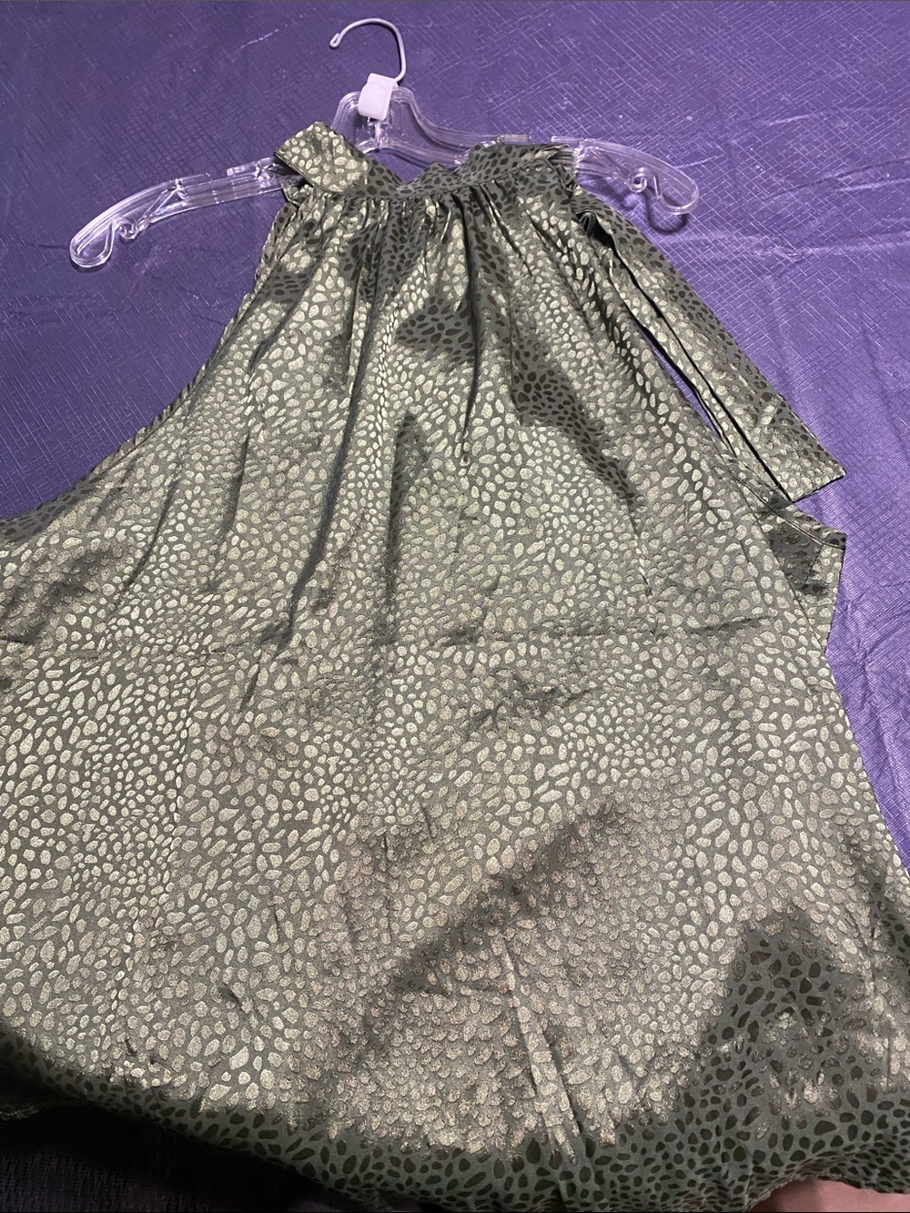 Girls Olive Green Metallic Print Halter Dress